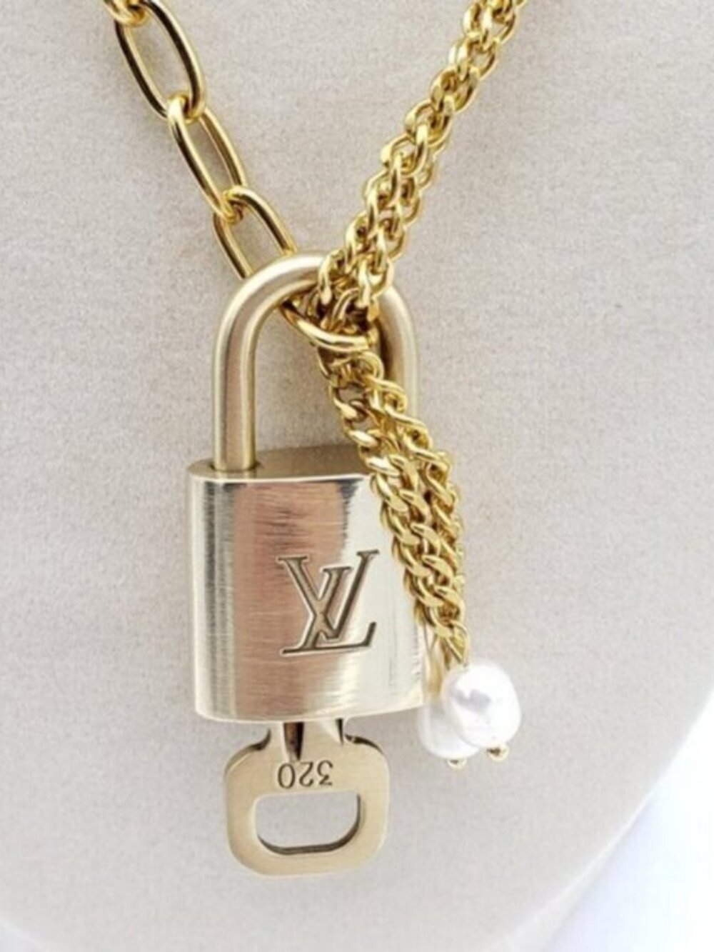 Double Chain Necklace with Authentic Louis Vuitton Padlock Pendant & Fresh Pearl - Picture 8 of 12